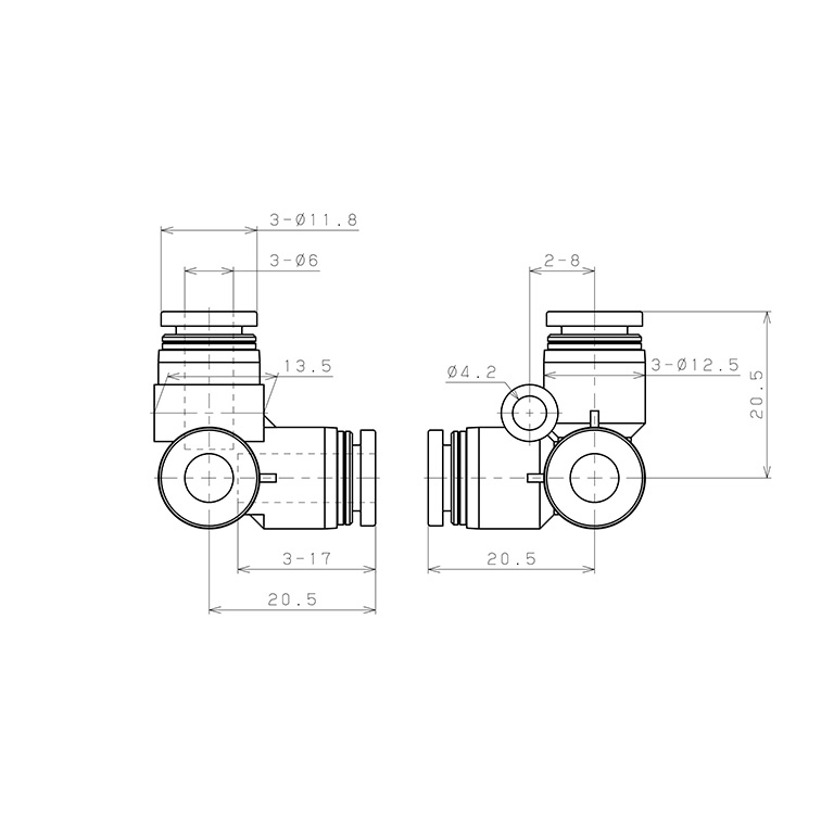 Bản vẽ kỹ thuật Đầu Nối Nhanh Khí Nén Chạc Ba 90° Pisco PVU6-UC