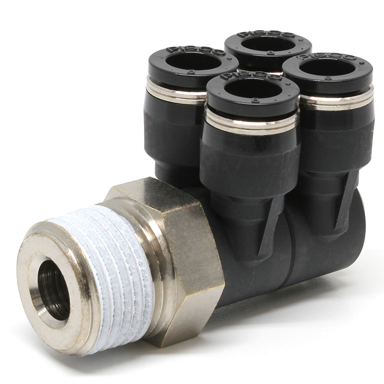 Đầu Nối Nhanh Khí Nén Bốn Nhánh Cong 90° Thân Lục Giác Trụ Ren Ngoài Pisco PAW8-04W