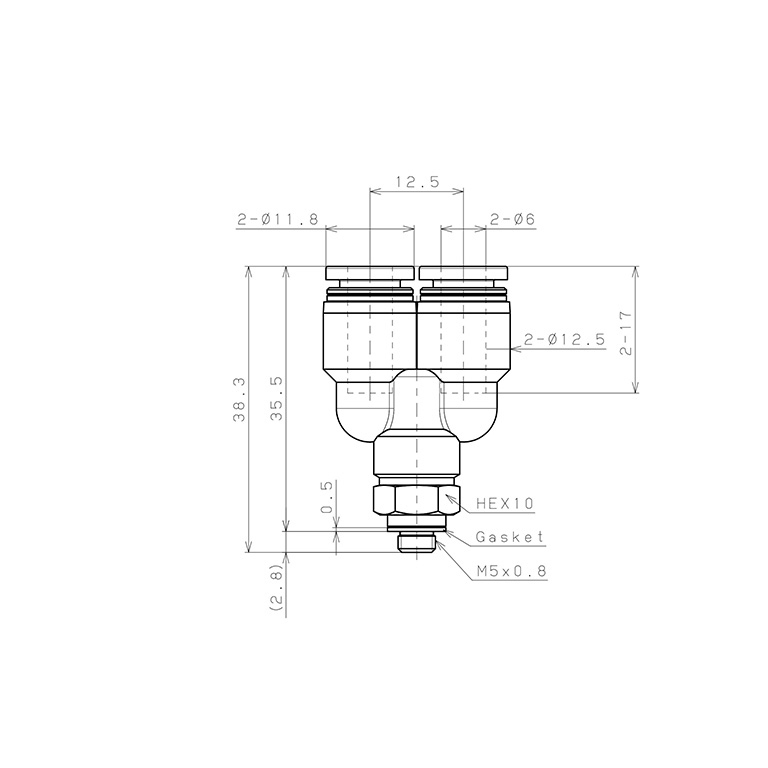 Bản vẽ kỹ thuật Đầu Nối Nhanh Khí Nén Dạng Chữ Y Ren Ngoài Pisco PX6-M5W