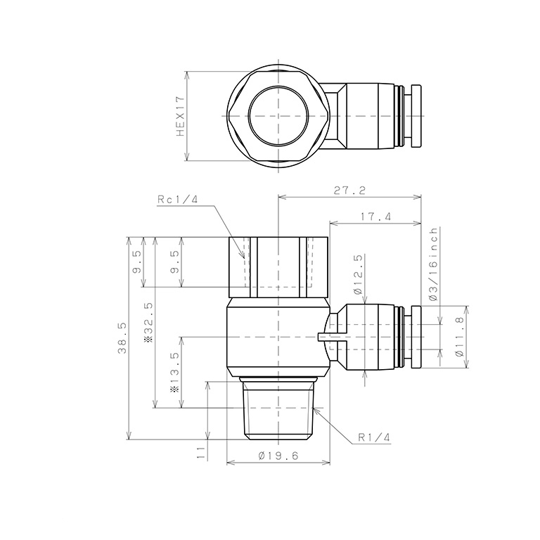 Bản vẽ kỹ thuật Đầu Nối Nhanh Khí Nén Cong 90° Đầu Lục Giác Trụ Ren Đực Cái Pisco PHF3/16-02