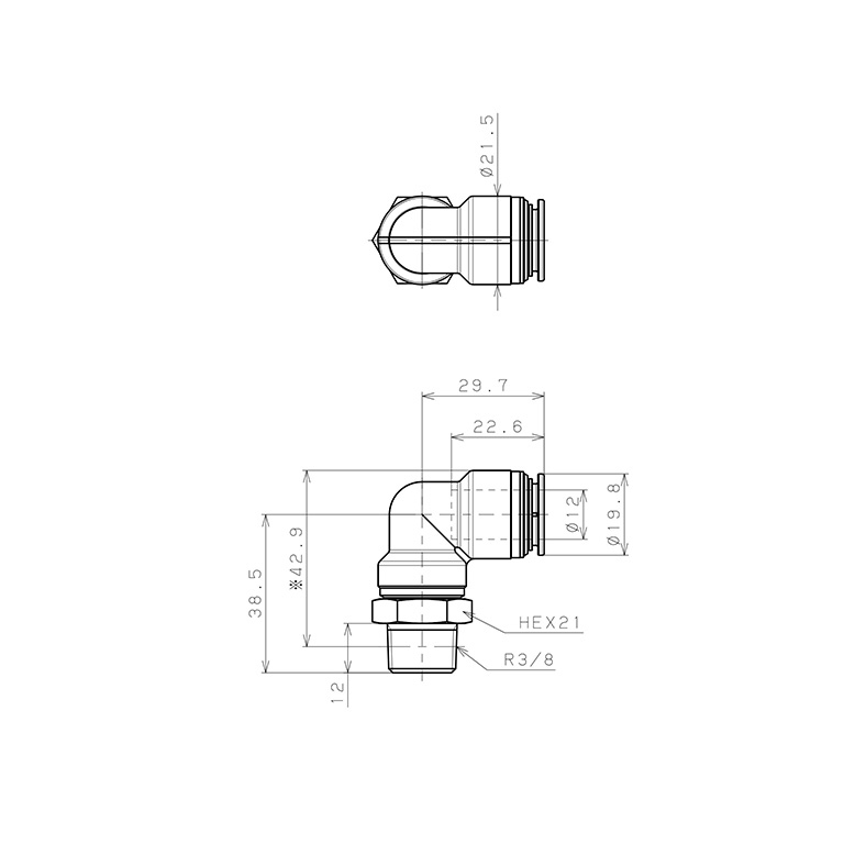 Bản vẽ kỹ thuật Đầu Nối Nhanh Khí Nén Dạng Cong 90° Ren Ngoài Pisco KL12-03-1-F
