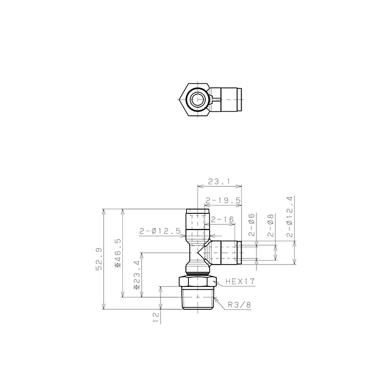 Bản vẽ kỹ thuật Đầu Nối Nhanh Khí Nén Dạng Chữ T Ren Ngoài Pisco KD6-03