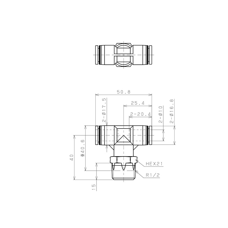 Bản vẽ kỹ thuật Đầu Nối Nhanh Khí Nén Dạng Chữ T Ren Ngoài Pisco PB10-04SUS