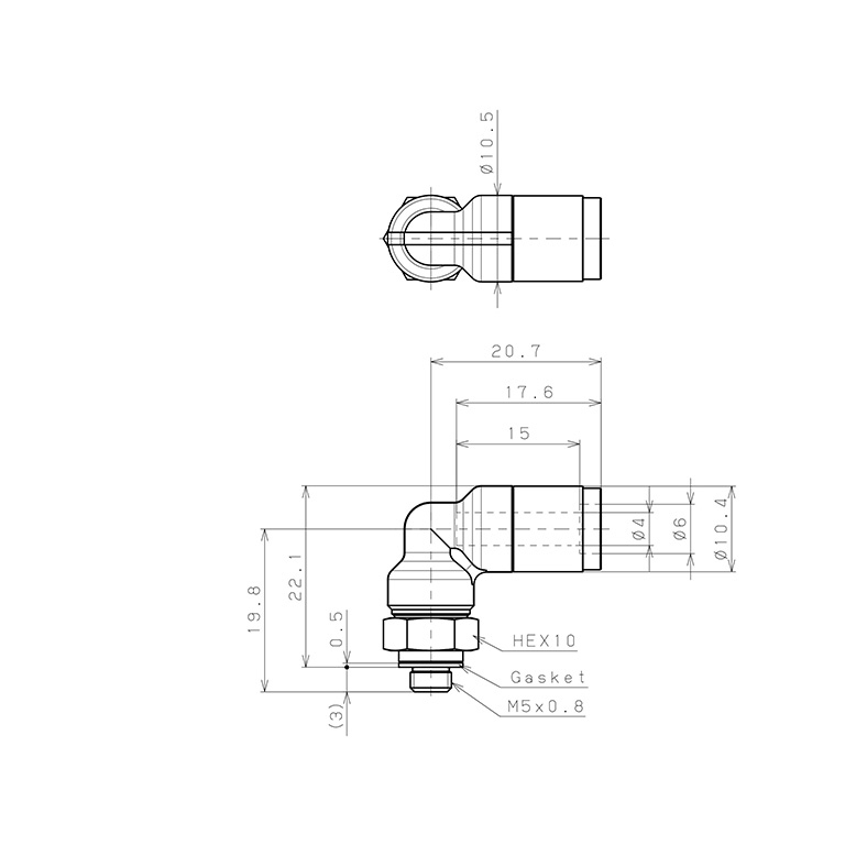 Bản vẽ kỹ thuật Đầu Nối Nhanh Khí Nén Dạng Cong 90° Ren Ngoài Pisco KL4-M5
