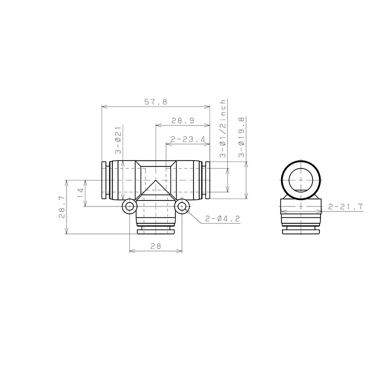 Bản vẽ kỹ thuật Đầu Nối Nhanh Khí Nén Chữ T Pisco PPE1/2-C