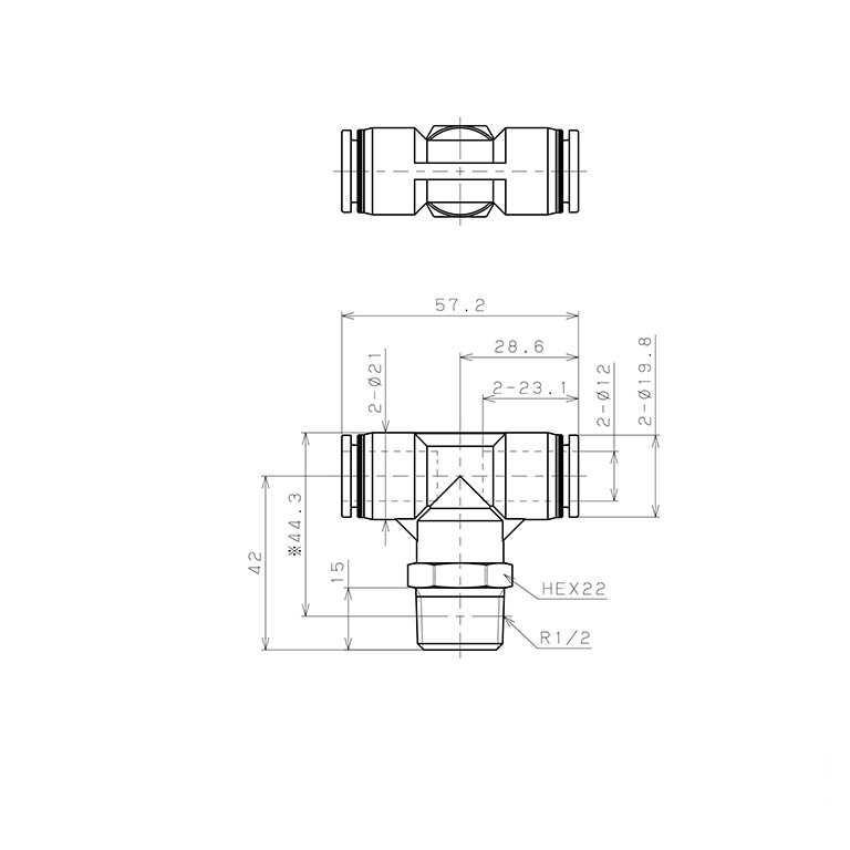 Bản vẽ kỹ thuật Đầu Nối Nhanh Khí Nén Dạng Chữ T Ren Ngoài Pisco PPB12-04-TP