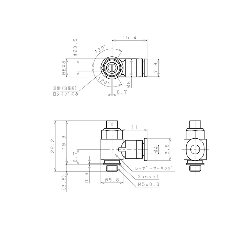 Bản vẽ kỹ thuật Van Tiết Lưu Khí Nén Đầu Vít Dẹp Pisco JSDC4-M5B