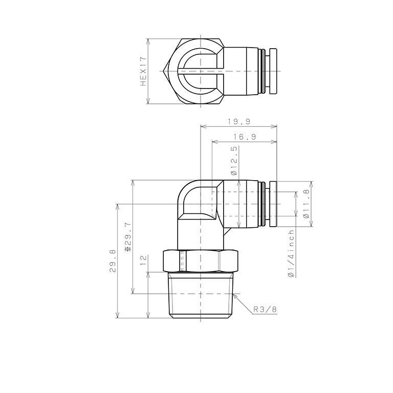 Bản vẽ kỹ thuật Đầu Nối Nhanh Khí Nén Dạng Cong 90° Ren Ngoài Pisco PPL1/4-03