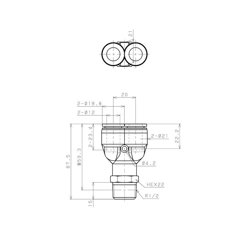Bản vẽ kỹ thuật Đầu Nối Nhanh Khí Nén Dạng Chữ Y Ren Ngoài Pisco SPPX12-04
