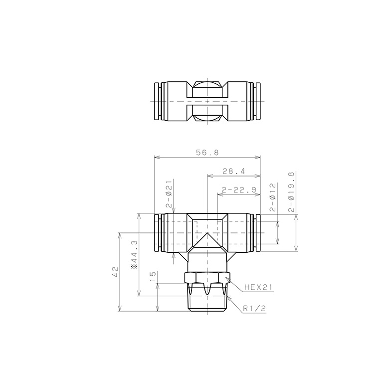 Bản vẽ kỹ thuật Đầu Nối Nhanh Khí Nén Dạng Chữ T Ren Ngoài Pisco SPPB12-04SP