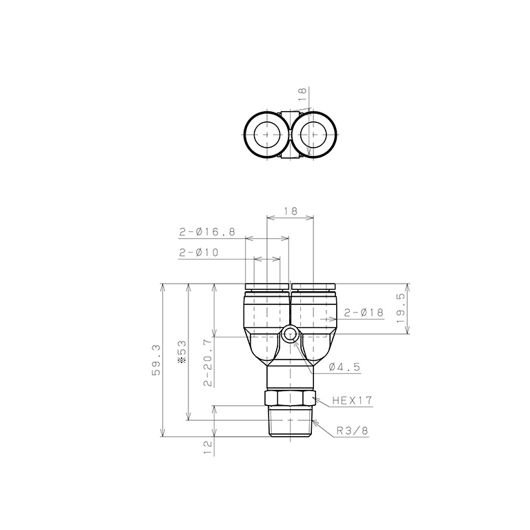 Bản vẽ kỹ thuật Đầu Nối Nhanh Khí Nén Dạng Chữ Y Ren Ngoài Pisco SPPX10-03SP
