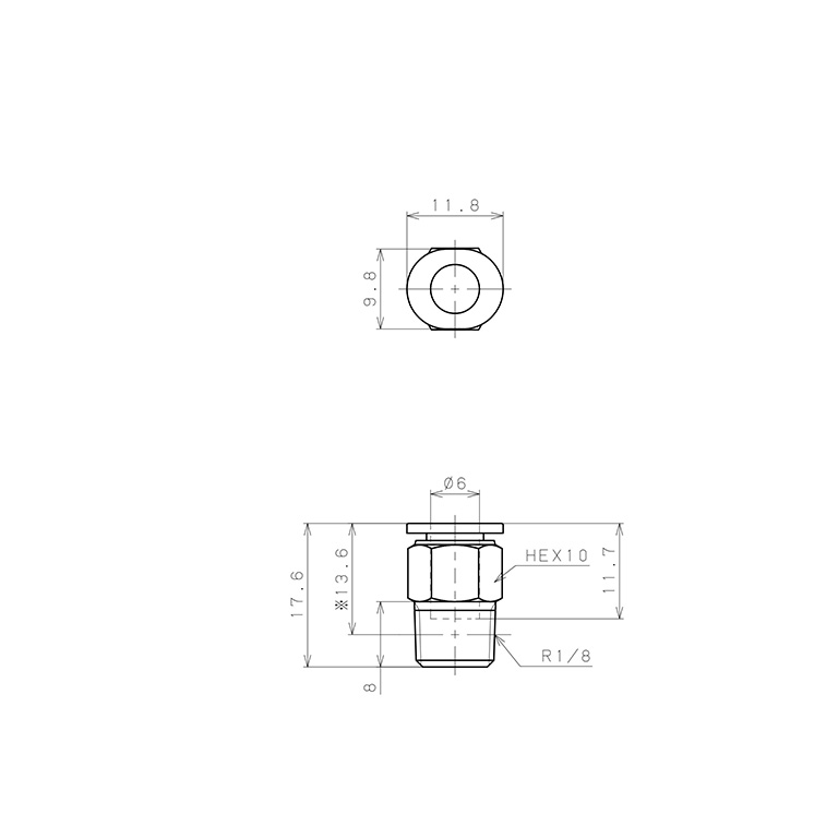 Bản vẽ kỹ thuật Đầu Nối Nhanh Khí Nén Dạng Thẳng Thân Lục Giác Ren Ngoài Pisco PC6-01M