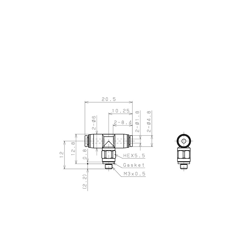 Bản vẽ kỹ thuật Đầu Nối Nhanh Khí Nén Dạng Chữ T Ren Ngoài Pisco PB180-M3M-C