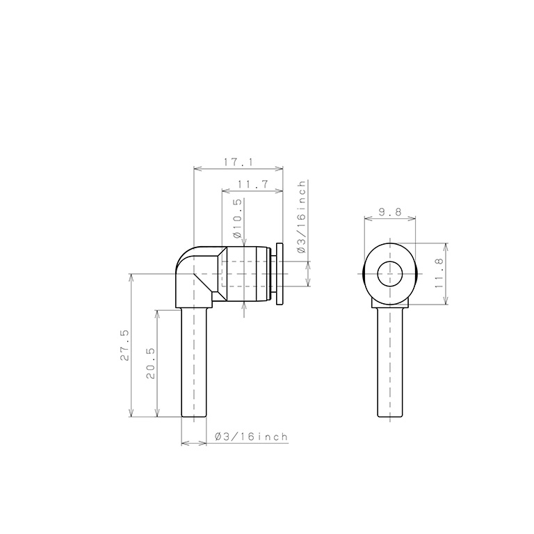 Bản vẽ kỹ thuật Đầu Nối Nhanh Khí Nén Giữa Ống Khí Và Fitting Dạng Cong 90° Pisco PLJ3/16M