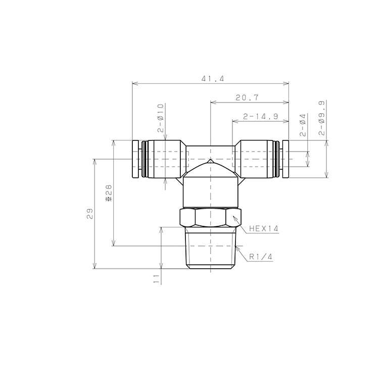 Bản vẽ kỹ thuật Đầu Nối Nhanh Khí Nén Dạng Chữ T Ren Ngoài Pisco PB4-02-C