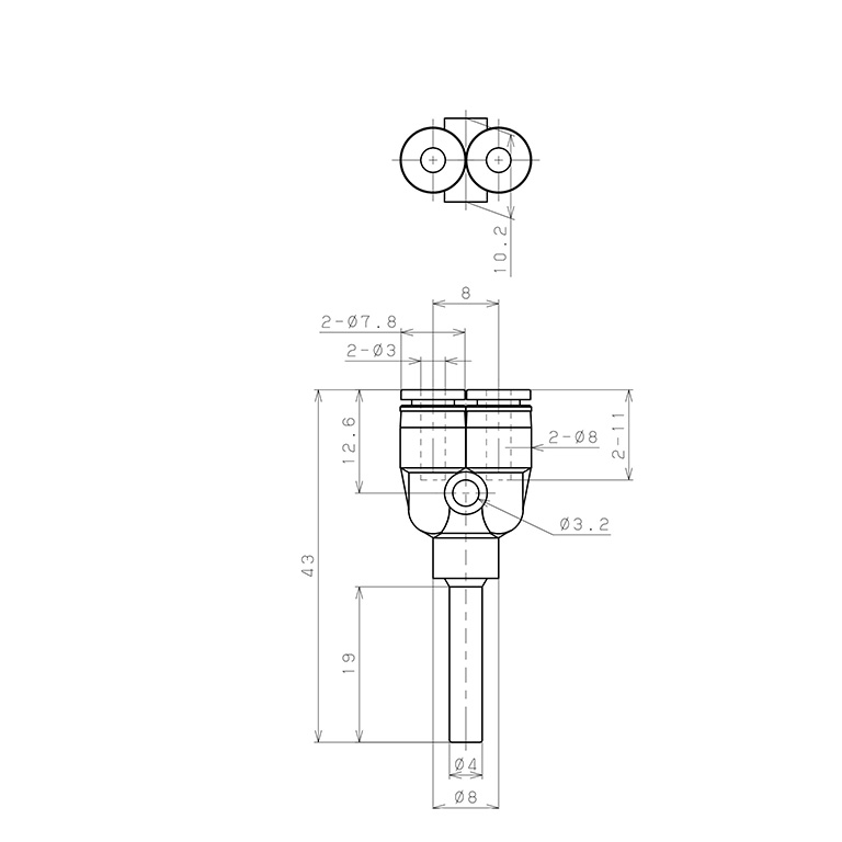 Bản vẽ kỹ thuật Đầu Nối Nhanh Khí Nén Giữa Ống Khí Và Fitting Dạng Nối Giảm Chữ Y Pisco PWJ4-3M