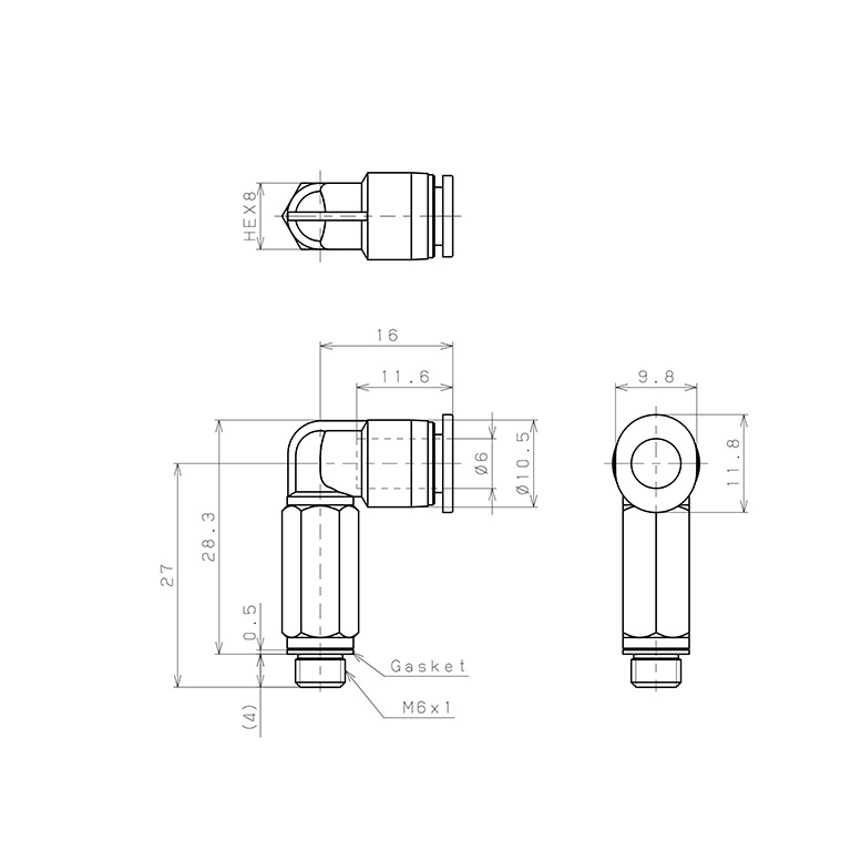 Bản vẽ kỹ thuật Đầu Nối Nhanh Khí Nén Dạng Cong 90° Ren Ngoài (Dài) Pisco PLL6-M6M-C
