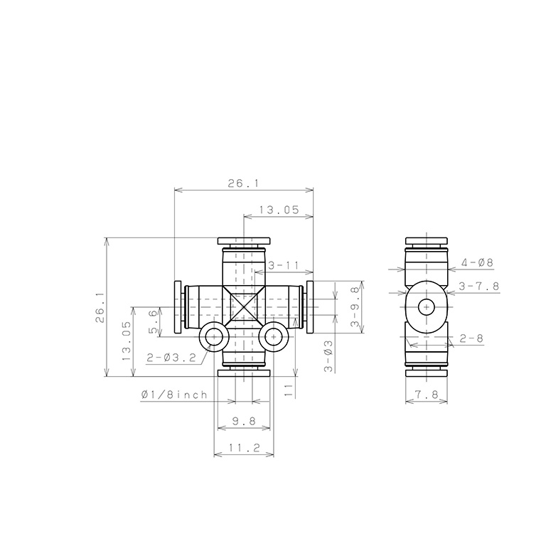 Bản vẽ kỹ thuật Đầu Nối Nhanh Khí Nén Ngã 4 Dạng Nối Giảm Pisco PZC1/8-3M