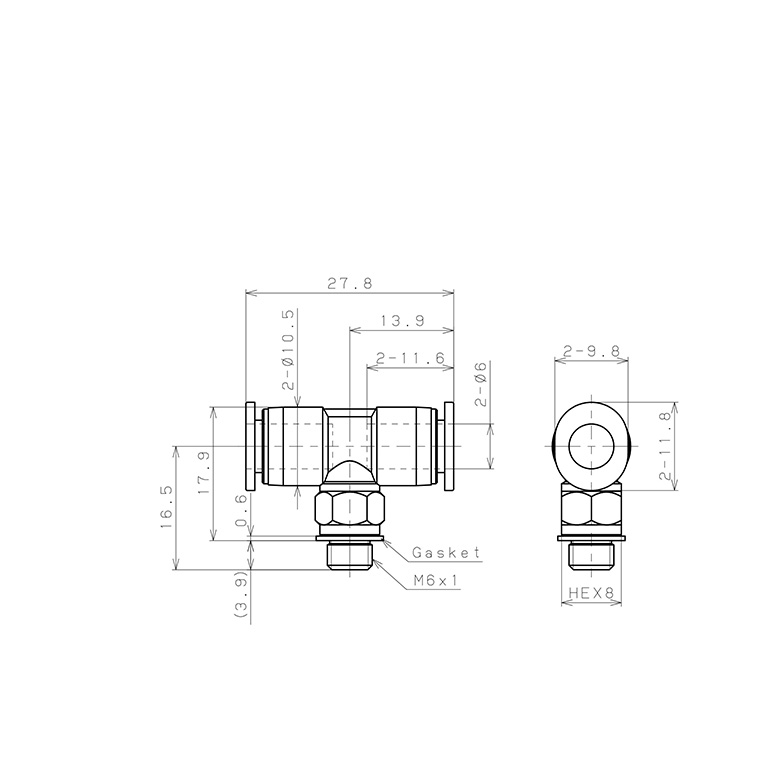 Bản vẽ kỹ thuật Đầu Nối Nhanh Khí Nén Dạng Chữ T Ren Ngoài Pisco PB6-M6M