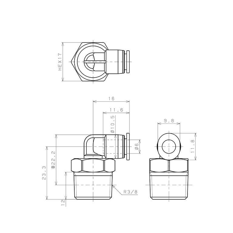Bản vẽ kỹ thuật Đầu Nối Nhanh Khí Nén Dạng Cong 90° Ren Ngoài Pisco PL6-03MW