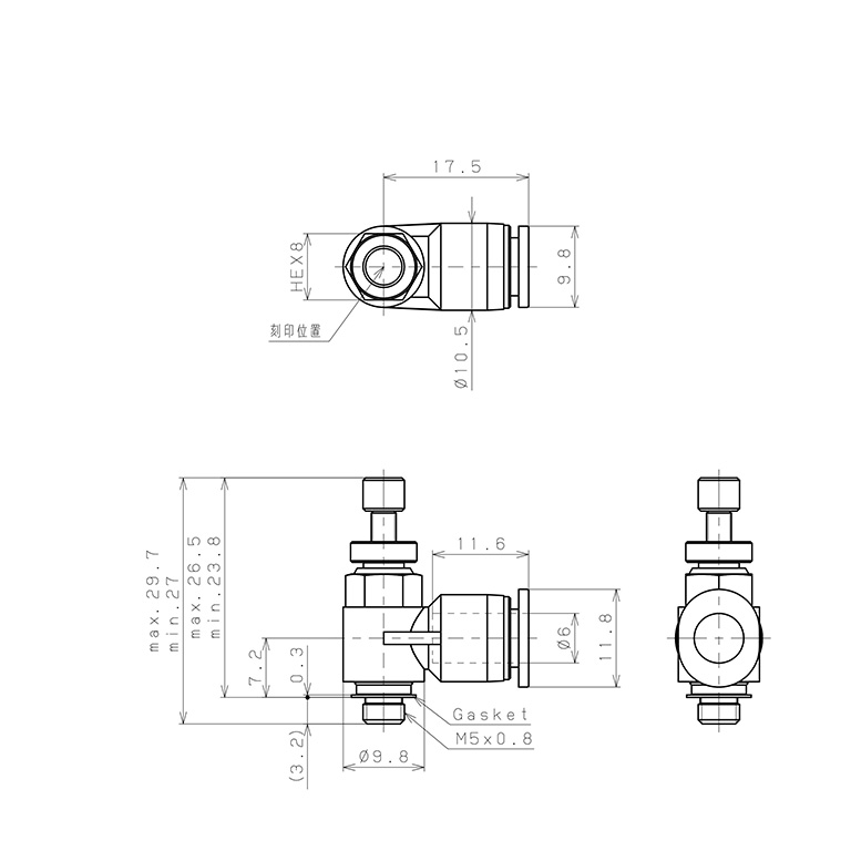 Bản vẽ kỹ thuật Van Tiết Lưu Khí Nén Inox 303 Pisco SJSC6-M5A