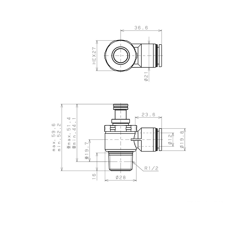 Bản vẽ kỹ thuật Van Tiết Lưu Khí Nén Chân Kim, Nhựa PP Và Inox 304 Pisco PJNC12-04-S-C