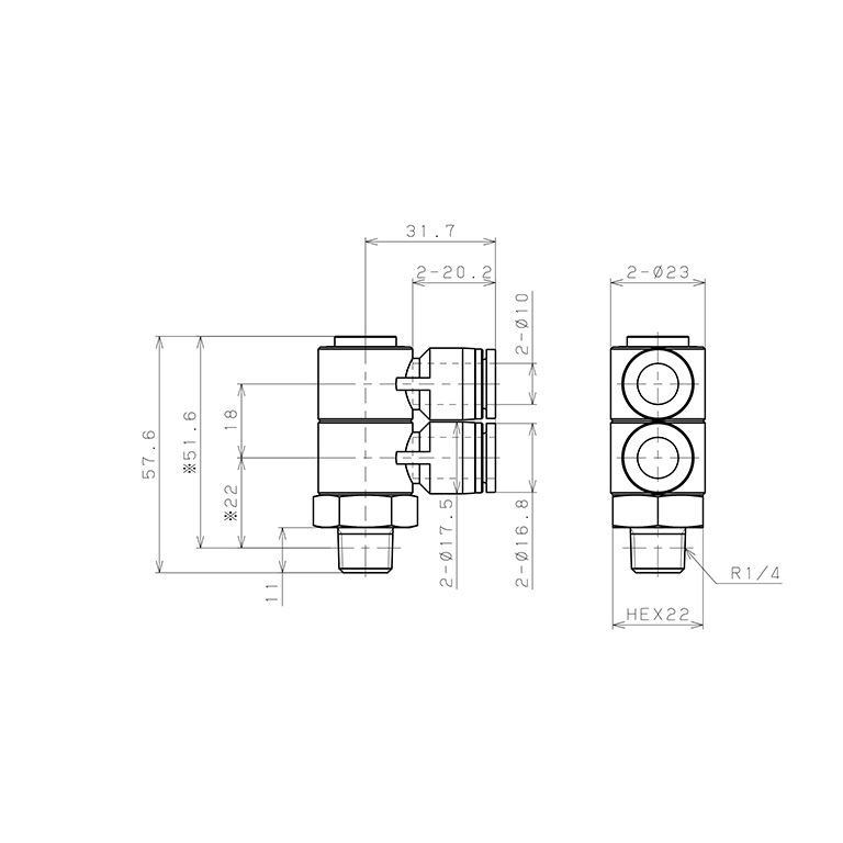 Bản vẽ kỹ thuật Đầu Nối Nhanh Khí Nén Hai Nhánh Cong 90° Thân Lục Giác Trụ Ren Ngoài Pisco SPHW10-02
