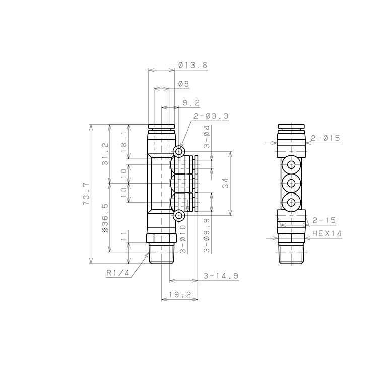 Bản vẽ kỹ thuật Đầu Nối Nhanh Khí Nén Dạng Chữ T Bốn Nhánh Ren Ngoài Pisco SPKD8-4-02