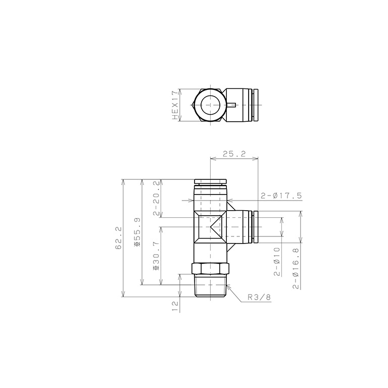 Bản vẽ kỹ thuật Đầu Nối Nhanh Khí Nén Dạng Chữ T Ren Ngoài Pisco SPD10-03