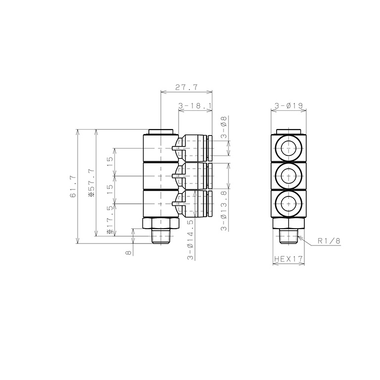 Bản vẽ kỹ thuật Đầu Nối Nhanh Khí Nén Ba Nhánh Cong 90° Thân Lục Giác Trụ Ren Ngoài Pisco SPHT8-01