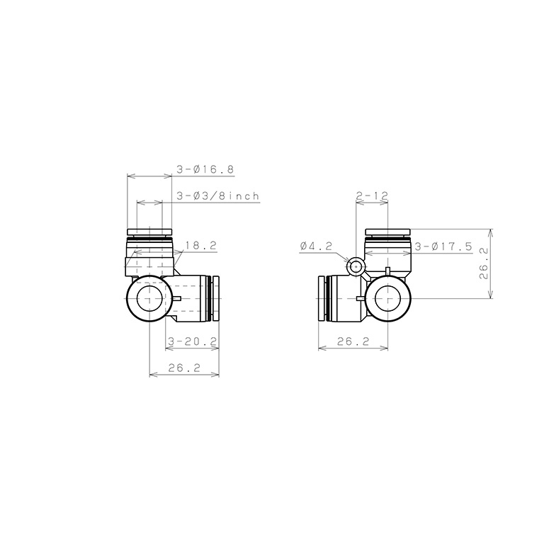 Bản vẽ kỹ thuật Đầu Nối Nhanh Khí Nén Chạc Ba 90° Pisco PVU3/8-C