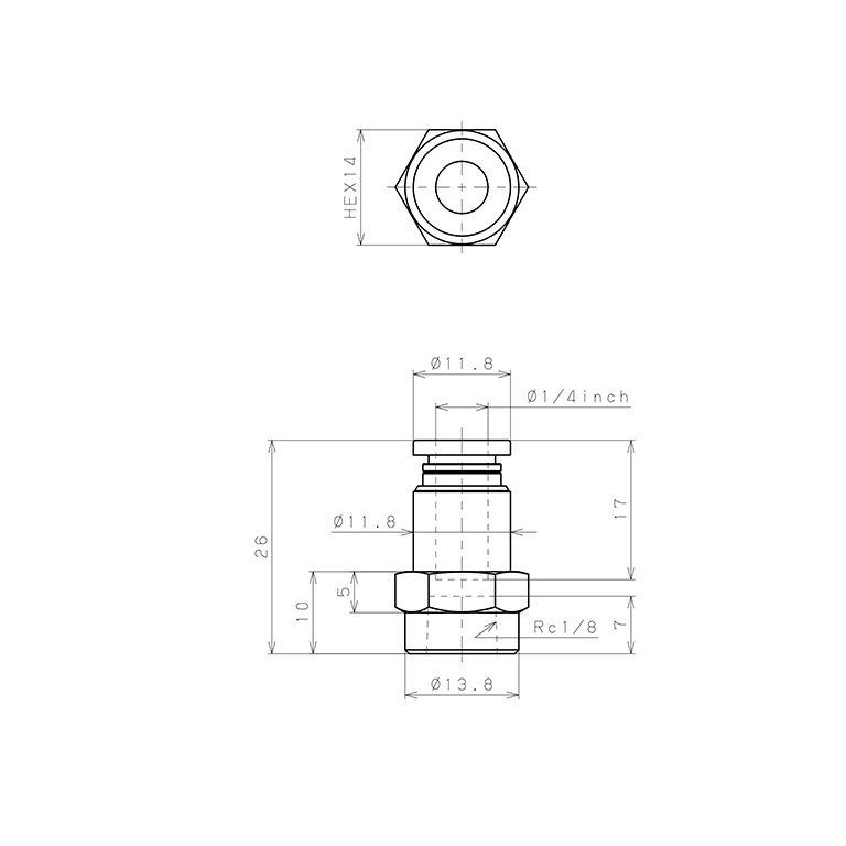 Bản vẽ kỹ thuật Đầu Nối Nhanh Khí Nén Dạng Thẳng Ren Trong Pisco PCF1/4-01-UC
