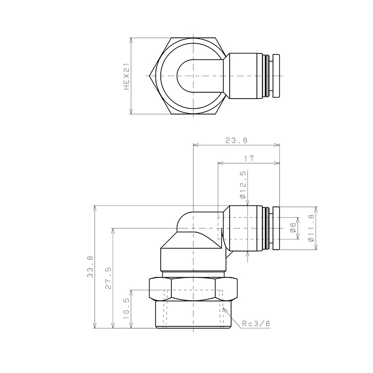 Bản vẽ kỹ thuật Đầu Nối Nhanh Khí Nén Dạng Cong 90° Ren Trong Pisco PLF6-03-C