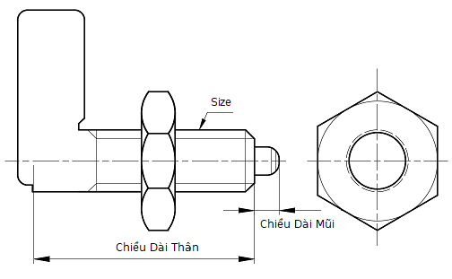 Bản vẽ kỹ thuật Vít Nhún Định Vị Thép Dạng Đòn Bẩy Ren Thô M10 PMXRB10
