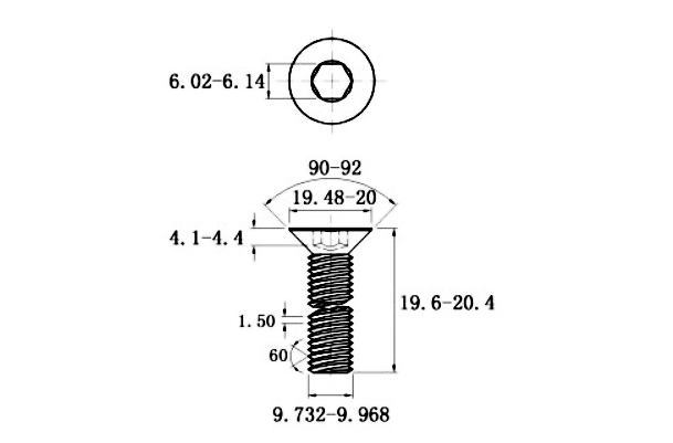 Bản vẽ kỹ thuật Lục Giác Chìm Col Thép Mạ Kẽm Trắng Cr3+ 10.9 DIN7991 M10x20 (25Cái/Bịch)
