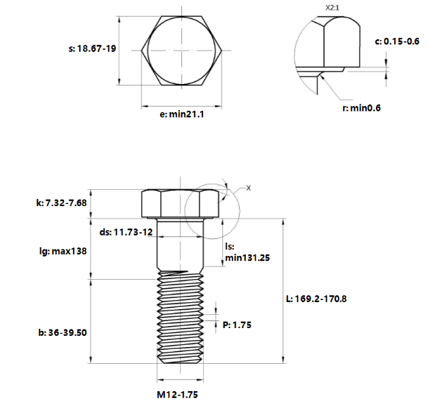 Bản vẽ kỹ thuật Bulong Thép Đen 8.8 DIN931 M12x170 Ren Lửng