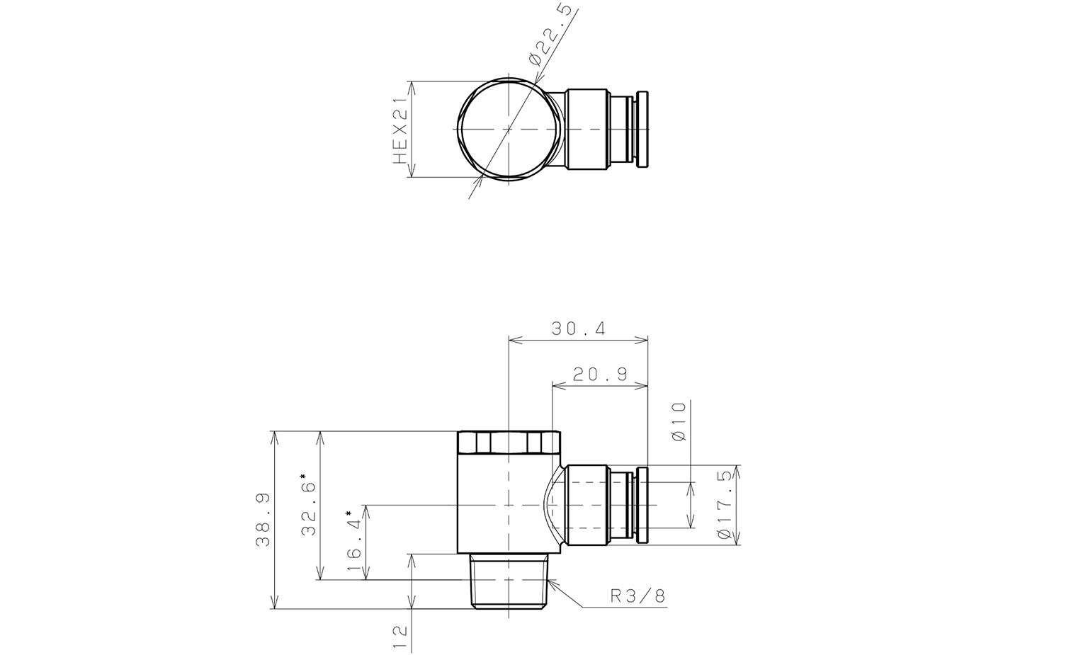 Bản vẽ kỹ thuật Đầu Nối Nhanh Khí Nén Cong 90° Đầu Lục Giác Trụ Ren Ngoài Pisco KH10-03-1