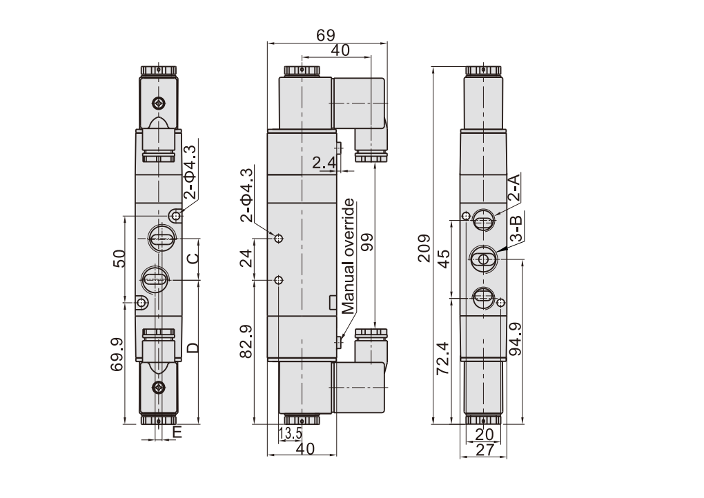 Bản vẽ kỹ thuật Van Điện Từ Khí Nén Solenoid 5/3 2 Coil PT3/8" Airtac 4V330C-10