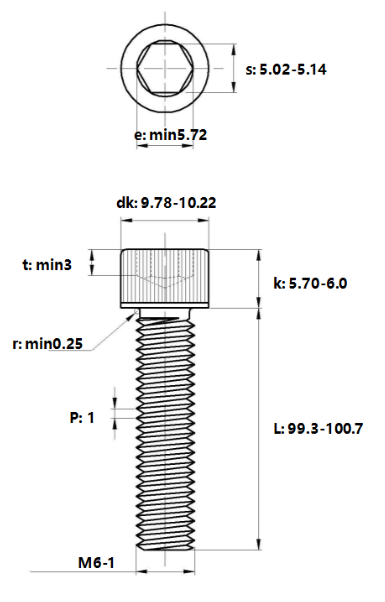 Bản vẽ kỹ thuật Lục Giác Chìm Đầu Trụ Inox 304 DIN912 M6x100 (25Cái/Bịch)
