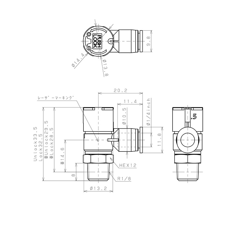 Bản vẽ kỹ thuật Van Tiết Lưu Khí Nén Loại Khóa Đẩy Có Hiển Thị Chỉ Số Pisco JSGC1/4-01ALW