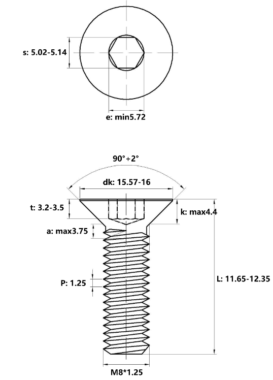 Bản vẽ kỹ thuật Lục Giác Chìm Col Thép Đen 12.9 DIN7991 M8x12 (25Cái/Bịch)