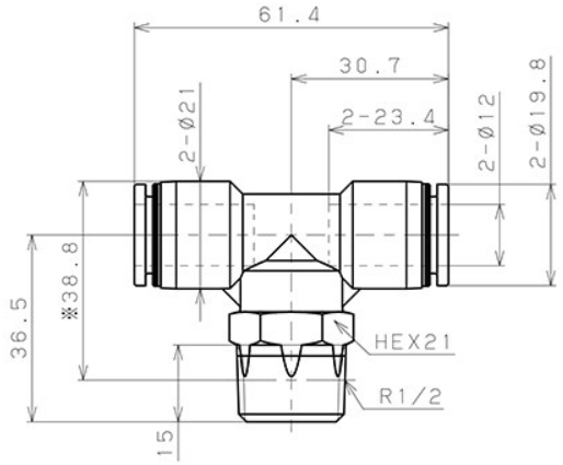 Bản vẽ kỹ thuật Đầu Nối Nhanh Khí Nén Chữ T Phi 12mm Ren Ngoài R1/2 Pisco PB12-04