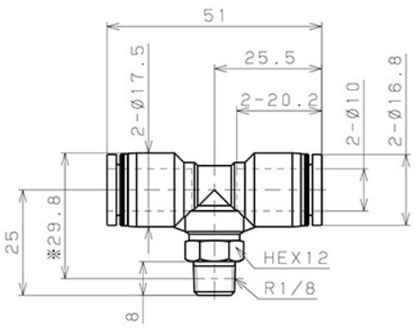 Bản vẽ kỹ thuật Đầu Nối Nhanh Khí Nén Chữ T Phi 10mm Ren Ngoài R1/8 Pisco PB10-01