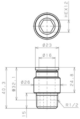 Bản vẽ kỹ thuật Đầu Nối Nhanh Khí Nén Thẳng Phi 16mm Ren Ngoài R1/2 Pisco POC16-04