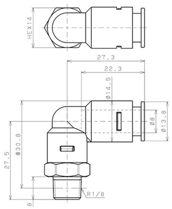 Bản vẽ kỹ thuật Đầu Nối Nhanh Khí Nén Dạng Cong 90° Ren Ngoài Pisco APL8-01-E