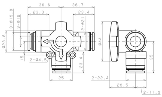 Bản vẽ kỹ thuật Van Chuyển Hướng Khí Nén Ba Ngã Pisco HBV12-12