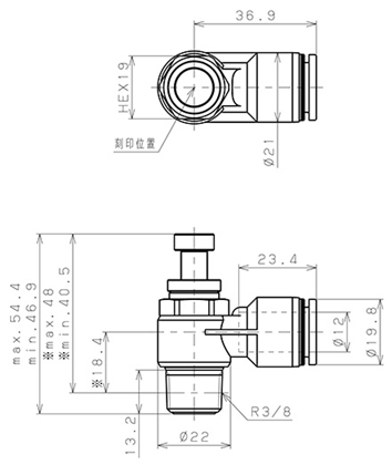 Bản vẽ kỹ thuật Van Tiết Lưu Khí Nén Cong 90° OD 12mm Ren Ngoài R3/8 Pisco JSC12-03A