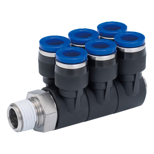 Đầu Nối Nhanh Khí Nén Sáu Nhánh Cong 90° Thân Lục Giác Trụ Ren Ngoài Pisco SPAT10-04