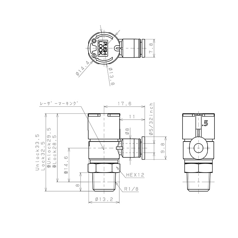 Bản vẽ kỹ thuật Van Tiết Lưu Khí Nén Loại Khóa Đẩy Có Hiển Thị Chỉ Số Pisco JSGC5/32-01ALW
