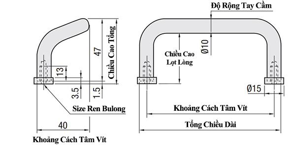 Bản vẽ kỹ thuật Tay Nắm Cửa Chữ U Dạng Offset Thép Mạ Chrome Phi 10 mm x L 100 mm (UHFNZ100-B)